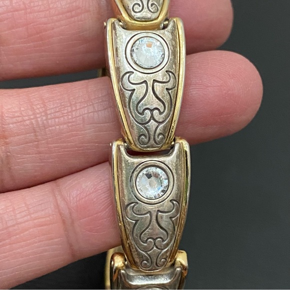Retired Vintage BRIGHTON 2-tone Gold & Silver Rhinestone Ornate Link Bracelet - Picture 13 of 16